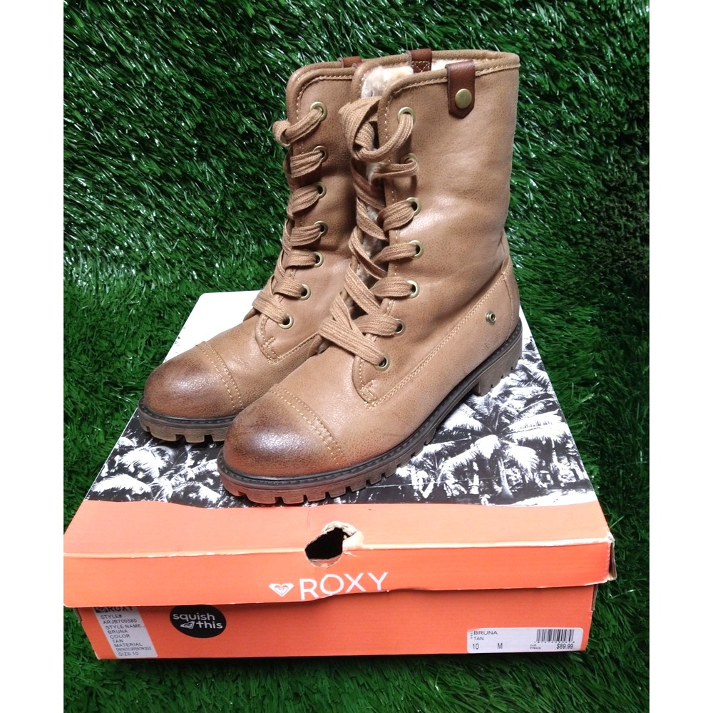 womens ROXY Combat style boots sz 10M, faux leather and fur lining,  9 1/2" tall
